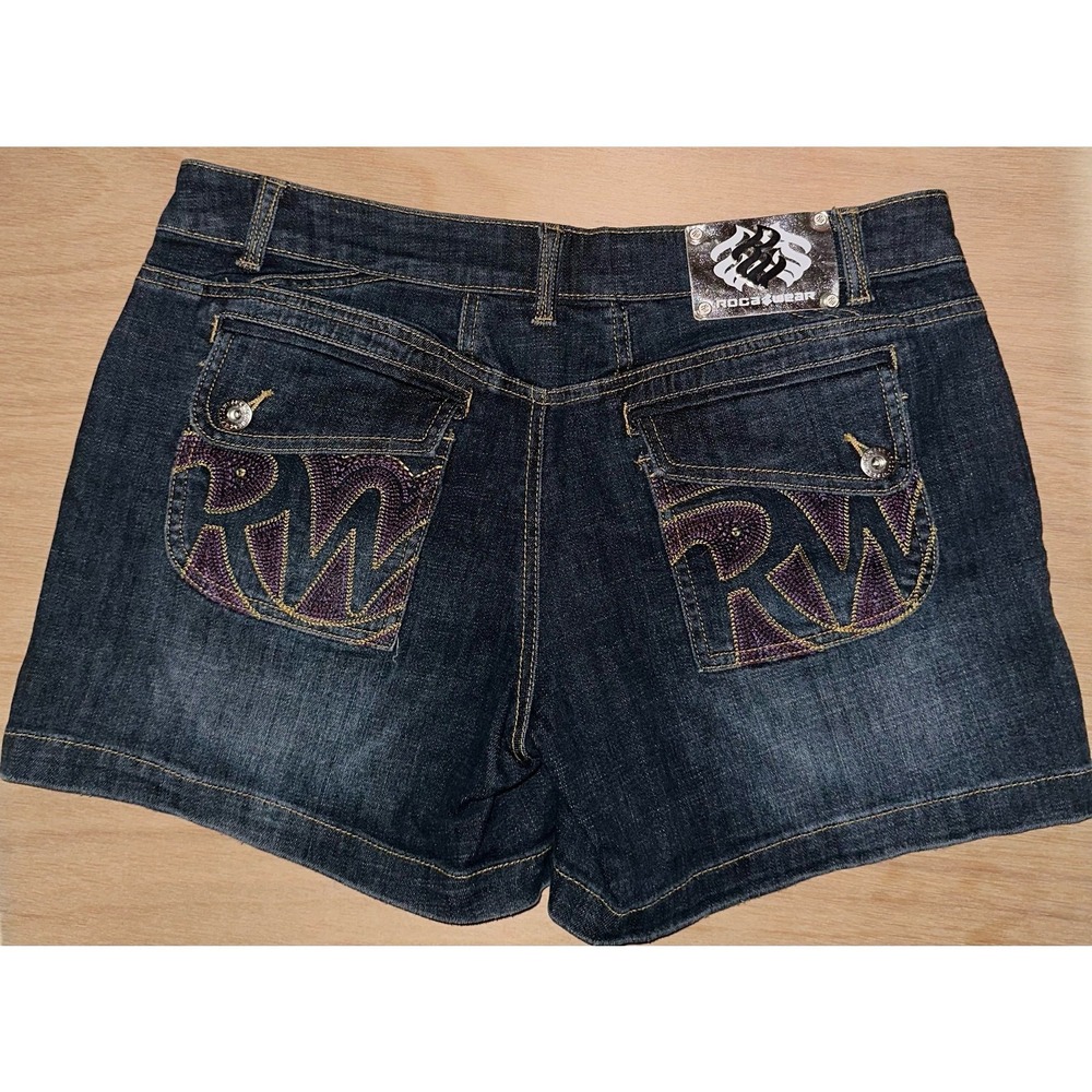 Rocawear Denim Shorts 11 Dark Wash Blue Embroidered Back Pockets Y2K Streetwear